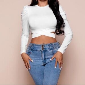 Shein White Long Sleeve Puff Shoulders Criss Cross Crop Top Large